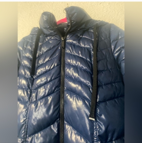 Sam Edelman Hooded Puffer Coat Jacket Parka  Glossy Shiny Blue Size Medium Hood - Picture 4 of 5